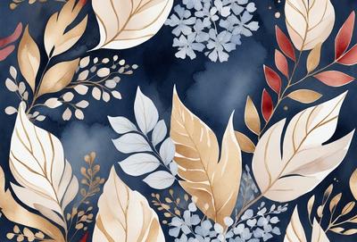 The primary subject of the image is a blue and white floral pattern. The setting is a blue background, and the visual style is a combination of digital art and illustration. The dominant colors are blue and white, creating a calm and serene atmosphere.